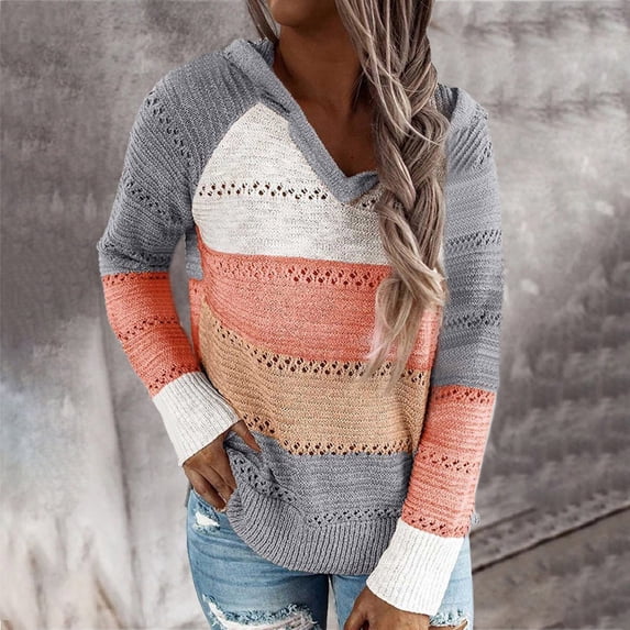 Womens Knit Pullover Sweater Combines A Hooded V Neck With Color Block Panels And Long Sleeves For Casualwear