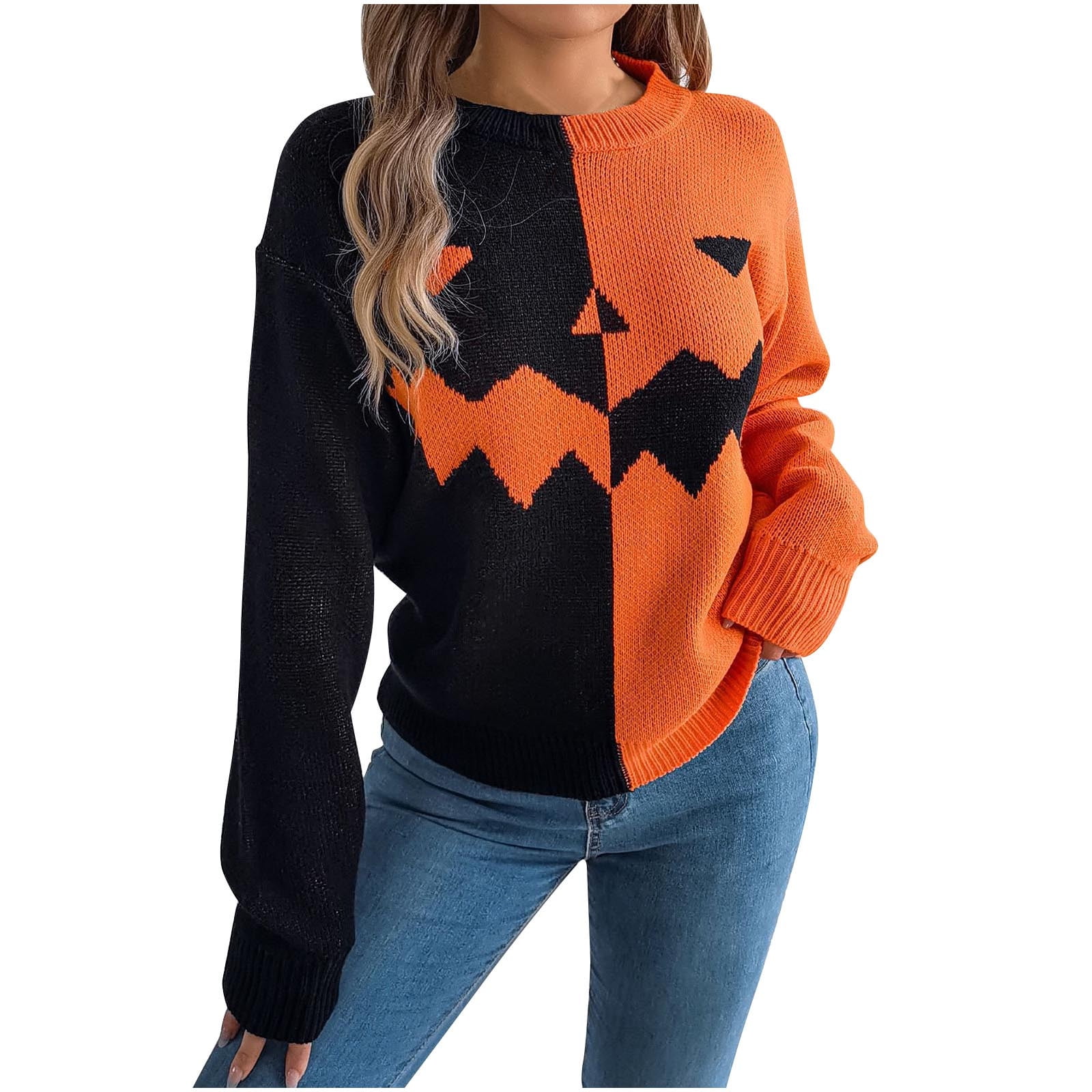 Womens Knit Pullover Sweater Funny Halloween Fall Pumpkin Sweaters