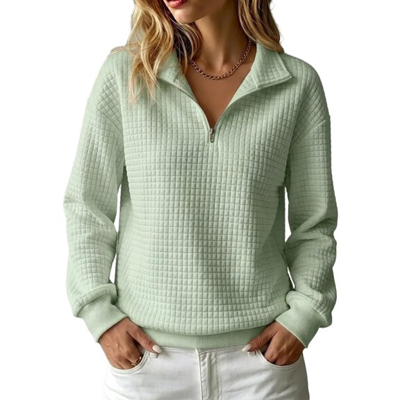 Womens Knit Quarter Zip Sweatshirt Loose Fit Stand Long Sleeve Casual Pullover Top for Fall Work Daily Wear