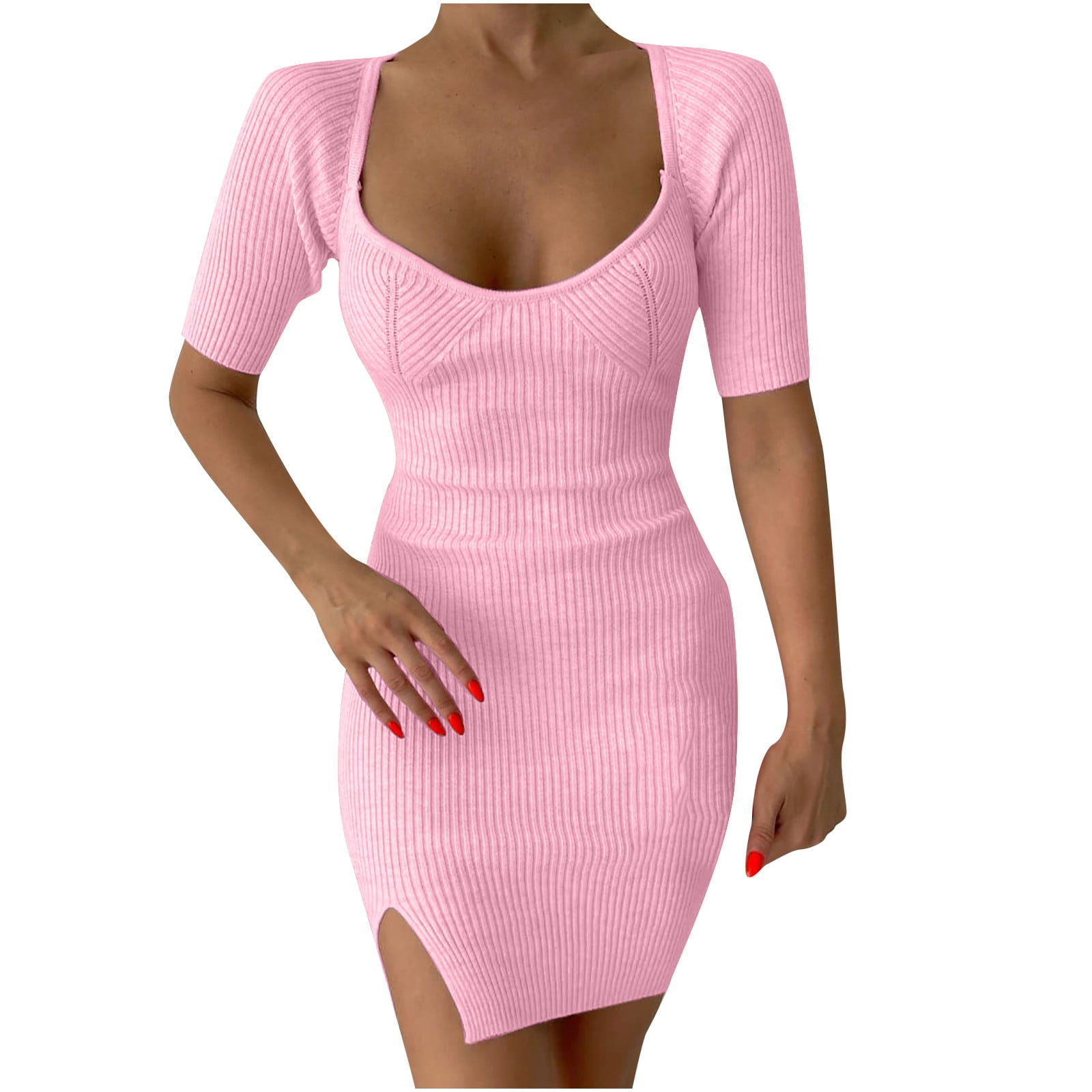 Womens Knit Ribbed Short Mini Bodycon Dress Plain Short Sleeve Scoop ...