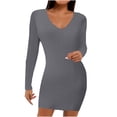 thumbnail image 1 of Womens Knit Ribbed Slim Fitted Dress Long Sleeve Wrap V Neck Solid Short Dress Fall Comfy Mini Dress for Casual Work, 1 of 7