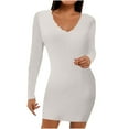 thumbnail image 1 of Womens Knit Ribbed Slim Fitted Dress Long Sleeve Wrap V Neck Solid Short Dress Fall Comfy Mini Dress for Casual Work, 1 of 7