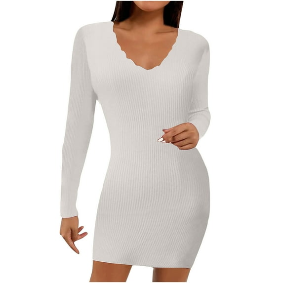 Womens Knit Ribbed Slim Fitted Dress Long Sleeve Wrap V Neck Solid Short Dress Fall Comfy Mini Dress for Casual Work