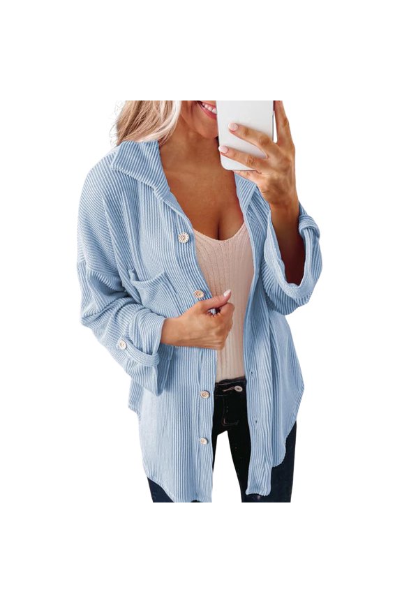 Womens Knit Shacket Boyfriend Button Down Shirt Jacket Loose Long Sleeve Tops