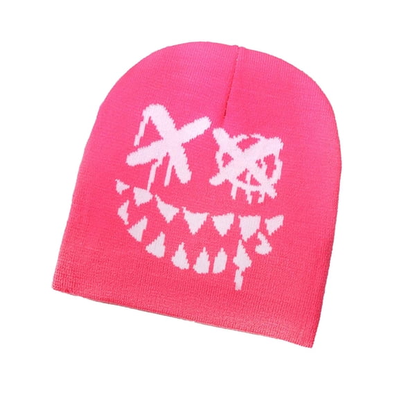Womens Knit Skull Cap Halloween Cuffed Beanie Hat Funny Festive Slouchy Beanies Adult Mens Winter Warm Hats Pink