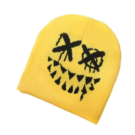 Womens Knit Skull Cap Halloween Cuffed Beanie Hat Funny Festive Slouchy Beanies Adult Mens Winter Warm Hats Yellow