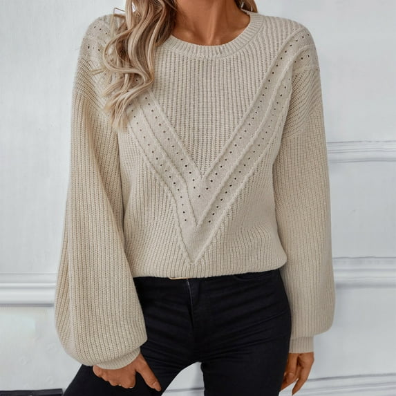 Womens Knit Sweater Casual Long Puff Sleeve Crewneck Baggy Pullover Tops Fall Winter Preppy Patchwork Clothes Sweaters for Women from Quarter Zip Mens Pack of Sweatshirts Big Sweater Women Mens Olive