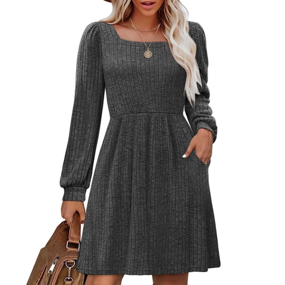 Womens Knit Sweater Dress With Pockets Square Neck Long Sleeve Dresses Long Summer Dresses Women Womens Long Summer Dresses Casual Tie Midi Dress Rayon Summer Dress Ruffle Dress for Women Summer