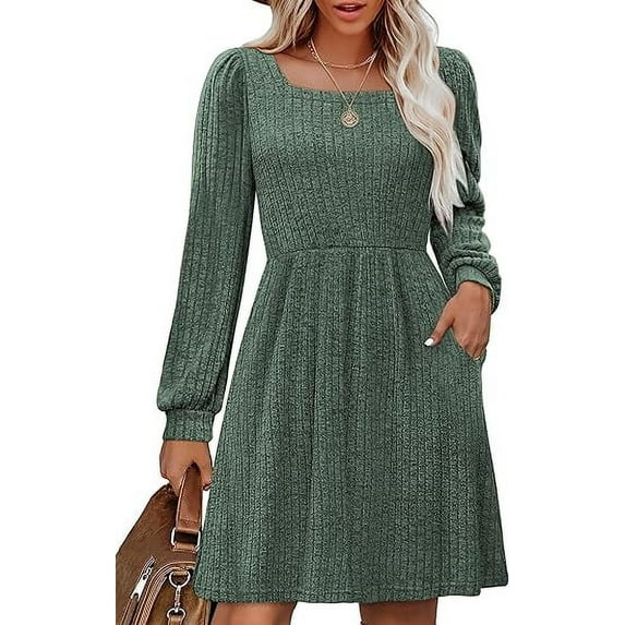 Womens Knit Sweater Dress with Pockets Square Neck Long Sleeve Dresses