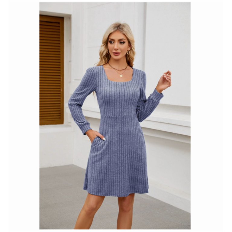 Womens Knit Sweater Dress with Pockets Square Neck Long Sleeve Dresses -  Walmart.com