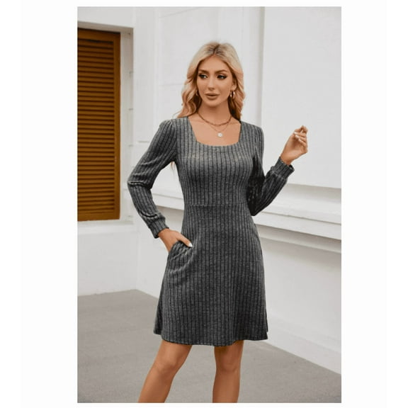 Womens Knit Sweater Dress with Pockets Square Neck Long Sleeve Dresses