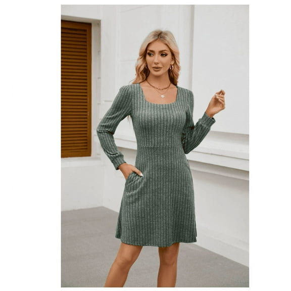 Womens Knit Sweater Dress with Pockets Square Neck Long Sleeve Dresses