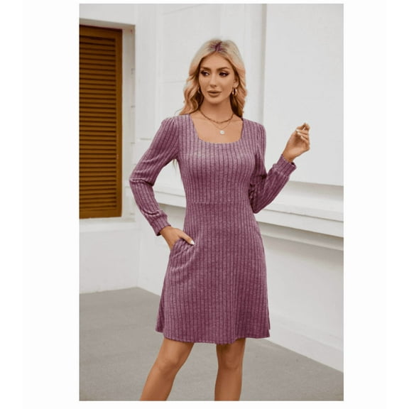 Womens Knit Sweater Dress with Pockets Square Neck Long Sleeve Dresses