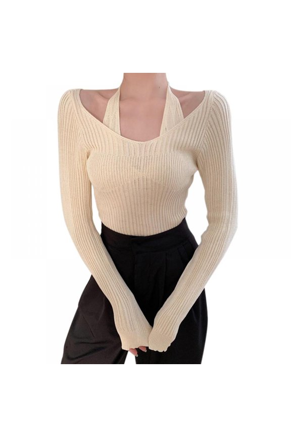 Womens Knit Sweater Long Sleeve Off Shoulder Halter Neck Tops Sexy Pullover Casual Loose Blouse Jumper Sweaters