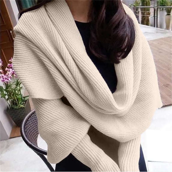Womens Knit Sweater Tops Scarf Winter Cable Wrap Shawl Scarf with Sleeves Chunky Long Warm Crochet Scarves(1Pc) Beige 40B