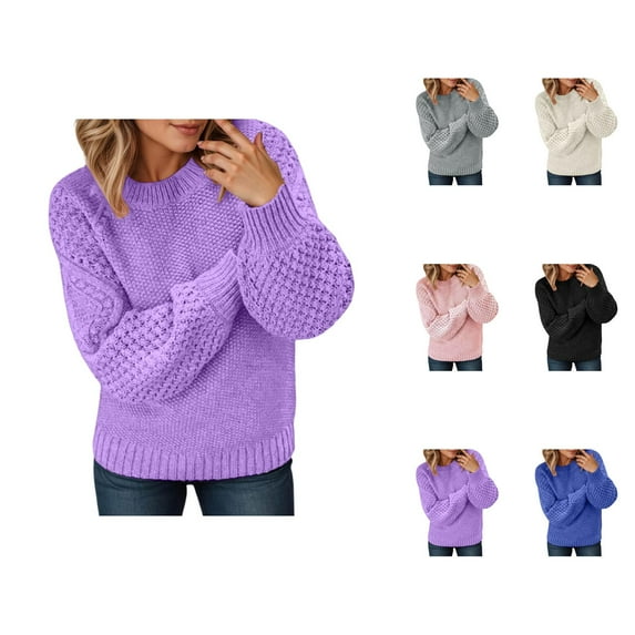 Womens Knit Sweater Tops for Women Trendy Crewneck Loose Fit Pullover Solid Color Jacquard Pattern Soft Casual Fall Winter Outfit