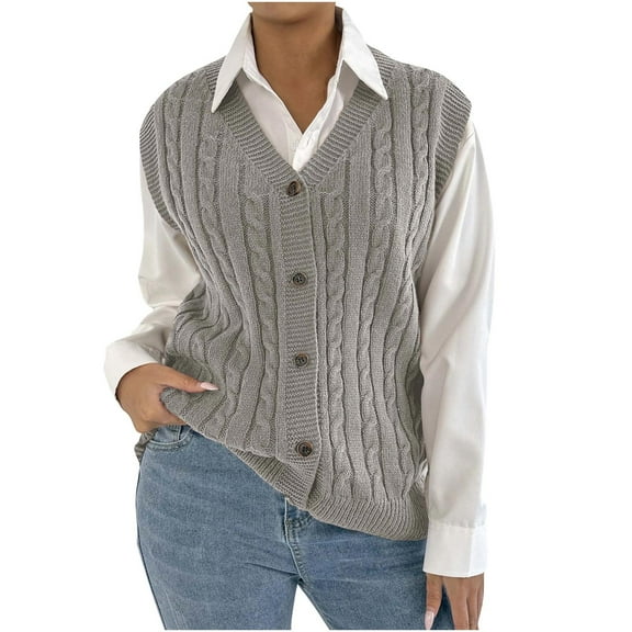 Womens’ Knit Sweater Vest Sleeveless V Neck Button Down Cable Knitted Cardigan Outwear