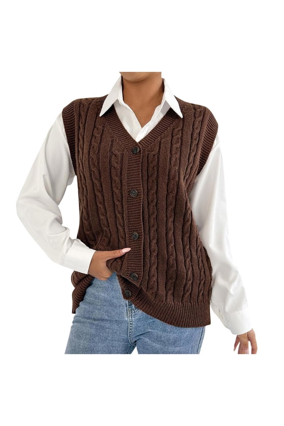 Womens’ Knit Sweater Vest Sleeveless V Neck Button Down Cable Knitted Cardigan Outwear