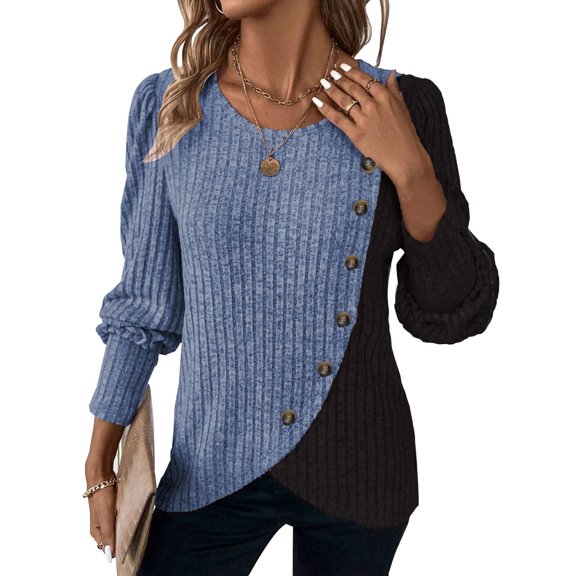 Womens Knit Sweaters 2025 Pullover Tops Fall Winter Casual Long Sleeve Ribbed Colorblock Button