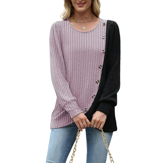 Womens Knit Sweaters Fall Winter Casual Long Sleeve Crew Neck Ribbed Colorblock Button Pullover Tops Pink XXXL