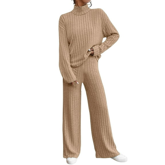 Womens Knit Sweatsuits 2 Piece Set Long Sleeve Solid Color Turtleneck Pullover Tops and Wide Leg Pant Fall Fashion Clothing Casual Track Suits