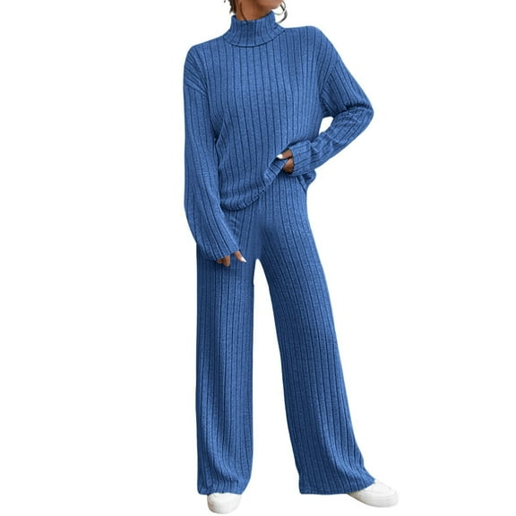 Womens Knit Sweatsuits 2 Piece Set Long Sleeve Solid Color Turtleneck Pullover Tops and Wide Leg Pant Fall Fashion Clothing Casual Track Suits