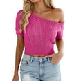 thumbnail image 1 of Womens Knit T-Shirts Off Shoulder Casual Short SLeeve Tops Casual Baggy Fashion Solid Colored Tees, 1 of 5