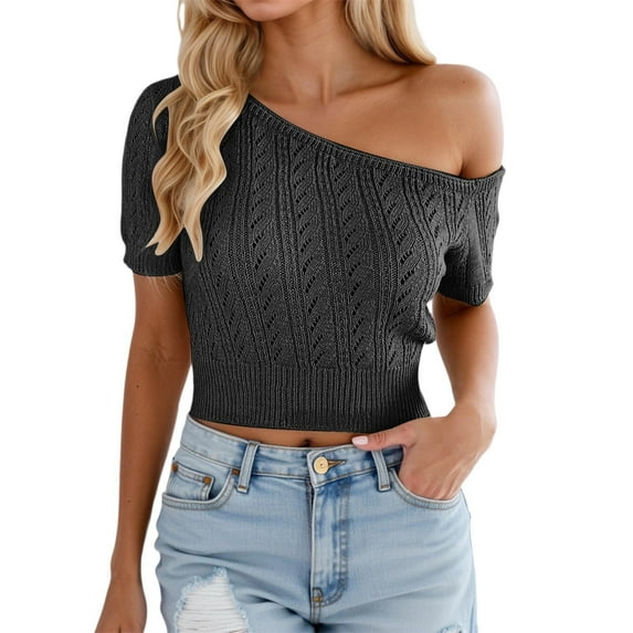 Womens Knit T-Shirts Off Shoulder Casual Short SLeeve Tops Casual Baggy Fashion Solid Colored Tees