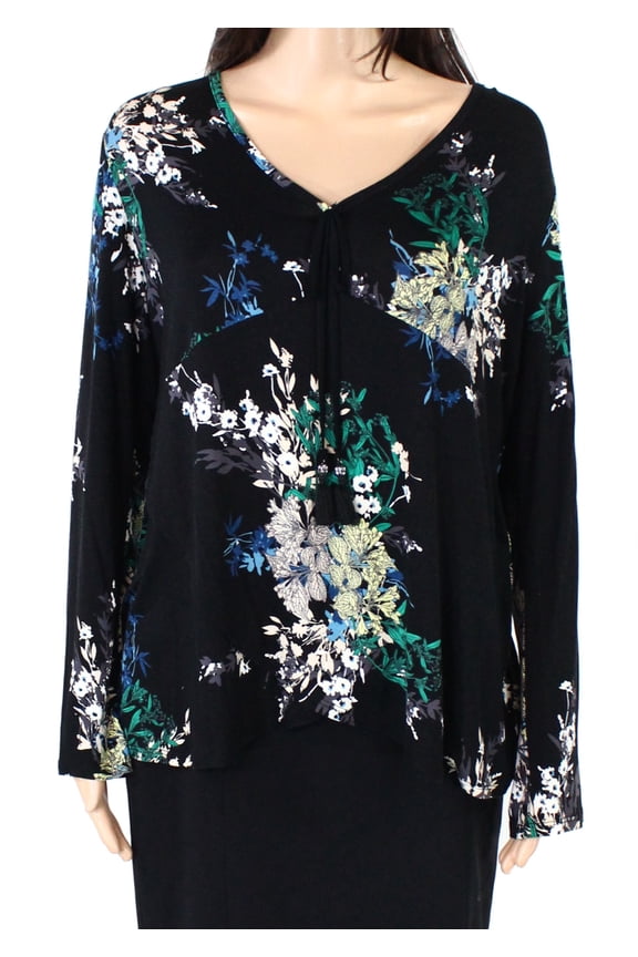 Womens Knit Top Floral Tulip Hem Tassel V-Neck XL