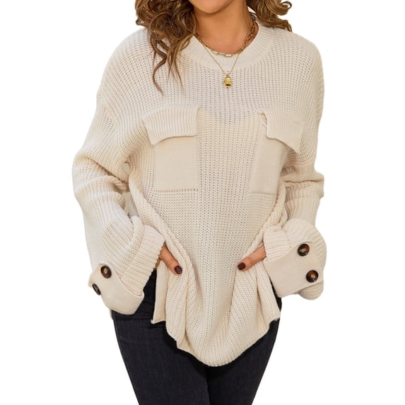 Womens Knit Tops 2025 Oversized Long Sleeve Crewneck Sweater Business Casual Blouses Basic Sweater Apricot M