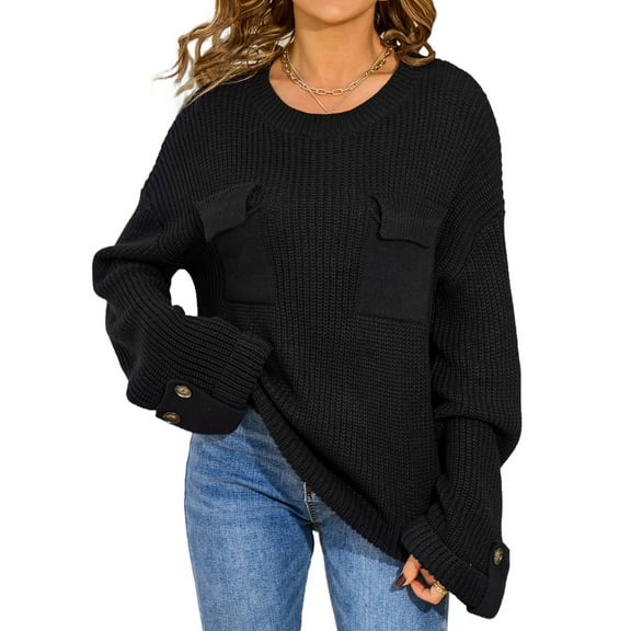 Womens Knit Tops 2025 Oversized Long Sleeve Crewneck Sweater Business Casual Blouses Basic Sweater Black S