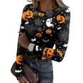 thumbnail image 1 of Womens Knit Tops Halloween Pumpkin Baw Print Long Sleeve Slim Fit Ribbed T Shirts, 1 of 3