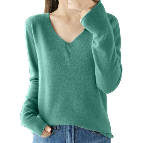 Womens Knit Tops V Neck Long Sleeve Fall Casual Loose Solid Color Thin Shirts Fashion 2024 Basic Lounge Blouses (Green 2XL)