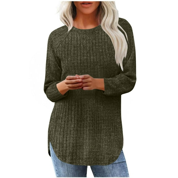 Womens Knit Tunic Tops Side Split Curved Hem Long Sleeve Crewneck Sweaters Lightweight Casual Trendy Pullovers (XL, Army Green)