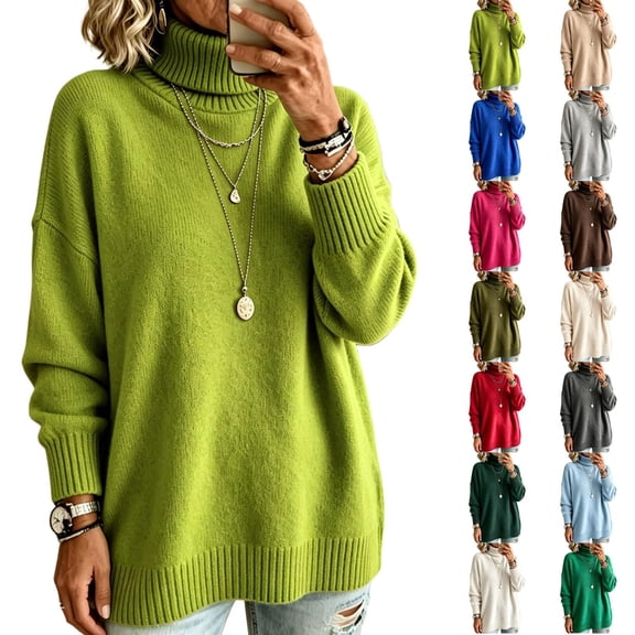 Womens Knit Turtleneck Sweater Long Sleeve Oversized Pullover Loose Fit Drop Shoulder Ribbed Cuffs Hem Solid Casual Slouchy Pullover Sweater