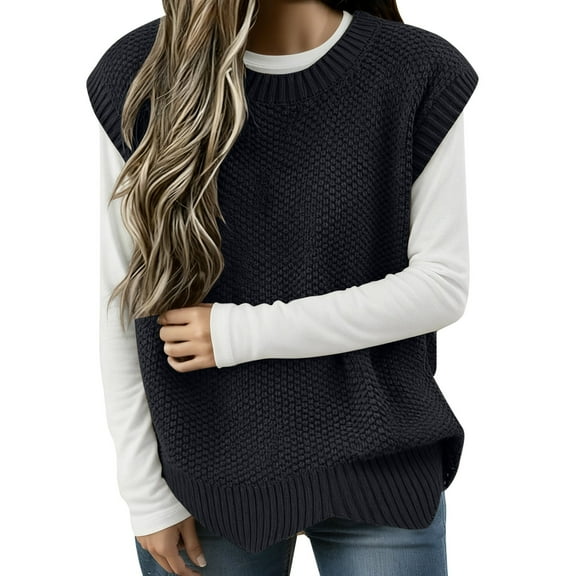 Womens Knit Vest Casual Oversized Round Neck Pullover Sleeveless Sweater Layering Piece For Fall And Seasons