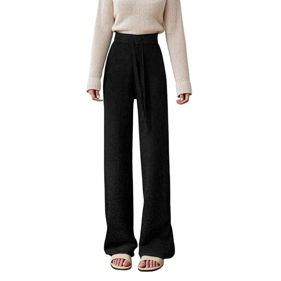 Womens Knit Wide Leg Pants High Elastic Waist Flowy Sweater Pants With Drawstring