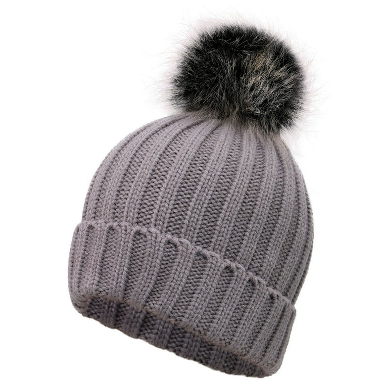2 Colors of Gray Super Beanie Fur Pompom Hat Two Pom Poms Women Knit Beanie Warm Cozy Hat for Girl Teenager Hat Wool Knit Hat