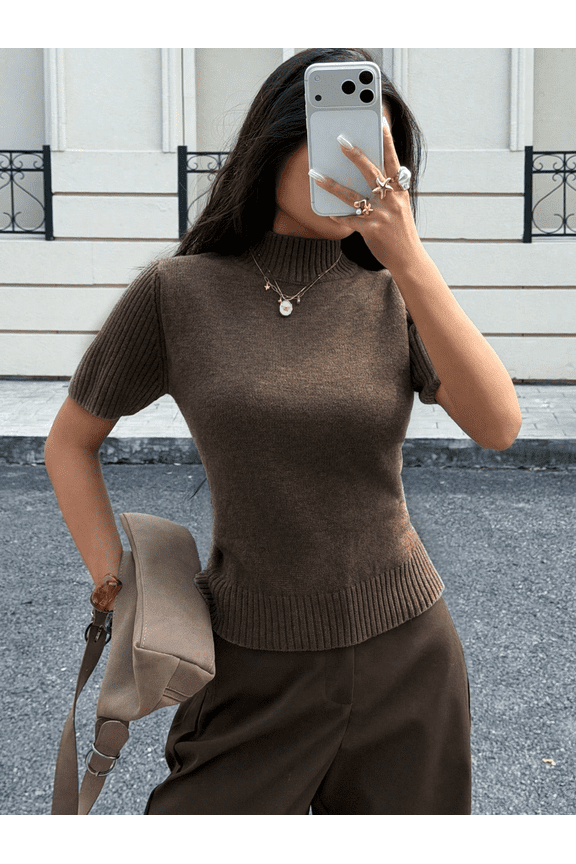 Womens Knite T-shirt Turtleneck LightWeight Sweater Spring Loose Casual Top Brown XL