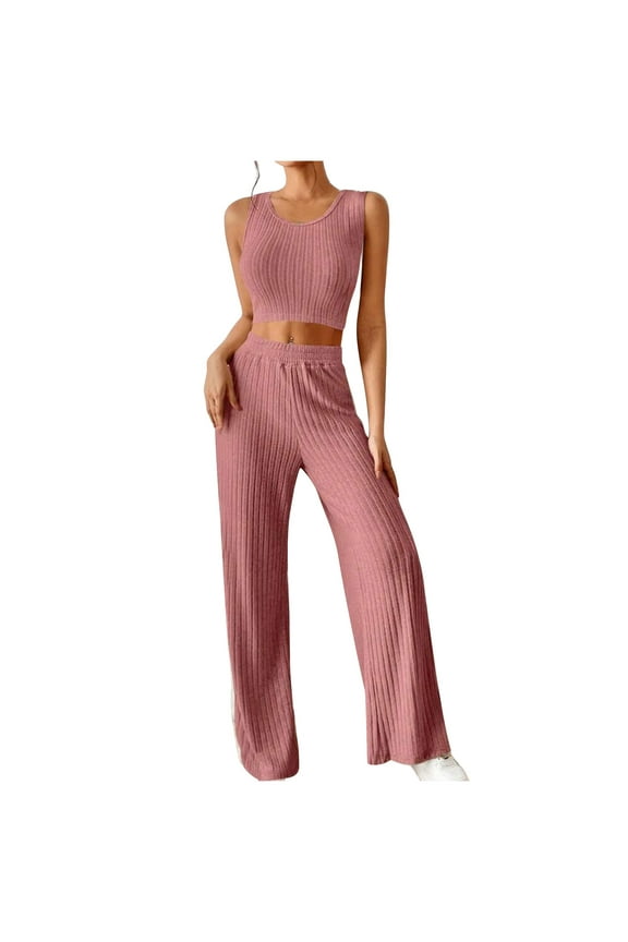 Womens Knitted 2 Piece Outfits Casual Slim Sleeveless Crop Tank Tops and High Waisted Pants Sets Tracksuit Pink