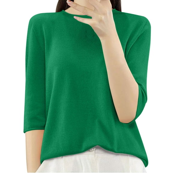 Womens Knitted Basic Tops, Long Sleeve Shirts for Women Fall Fashion Loose Fit Solid Color Crewneck Dressy Blouses M-2XL