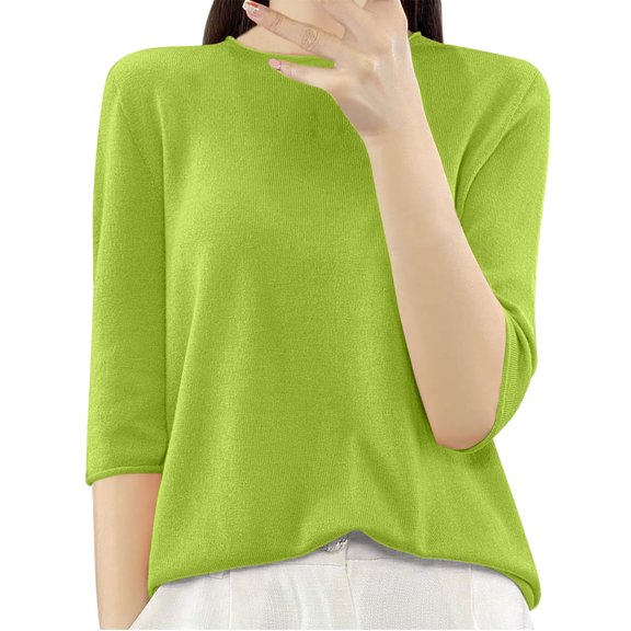 Womens Knitted Basic Tops, Long Sleeve Shirts for Women Fall Fashion Loose Fit Solid Color Crewneck Dressy Blouses M-2XL