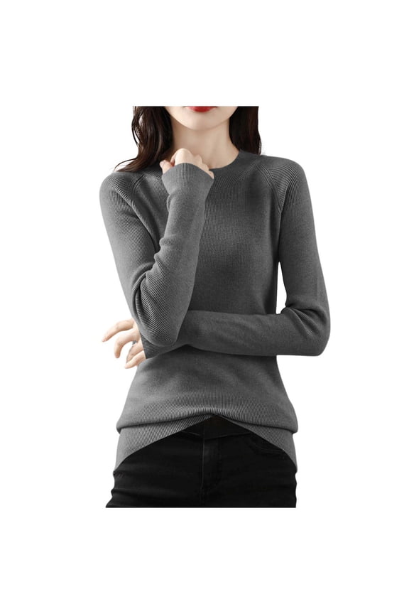 Womens Knitted Basic Tops, Long Sleeve Shirts for Women Fall Winter Casual Solid Color Slimming Fit Crewneck Sweaters