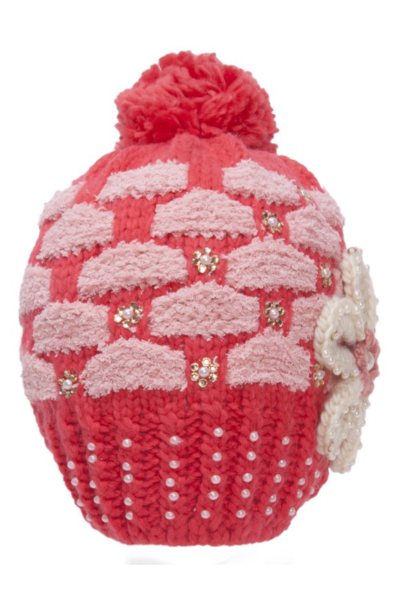 Womens Knitted Beanie w/ Pom - Chekerboard w/ Flower - Red/Pink