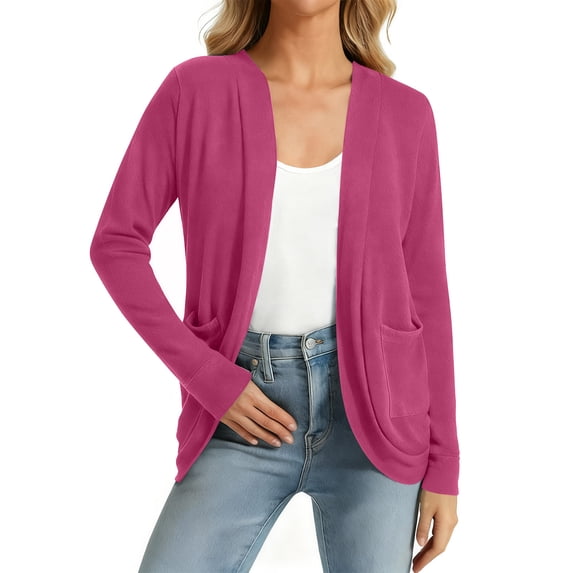 Womens Knitted Cardigan Front Open Solid Color Sweater Jackets Lightweight Comfy Casual Outwear With Pockets (L, Hot Pink)