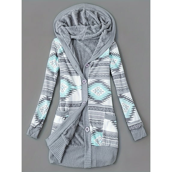 Womens Knitted Cardigan with Fleece Lining Long Sleeve Hooded Geometric Pattern Button Closure Cardigan