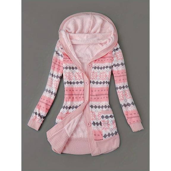 Womens Knitted Cardigan with Fleece Lining Long Sleeve Hooded Geometric Pattern Button Closure Cardigan