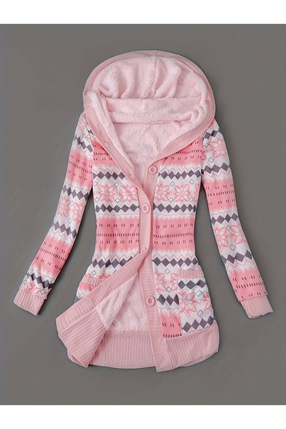 Womens Knitted Cardigan with Fleece Lining Long Sleeve Hooded Geometric Pattern Button Closure Cardigan