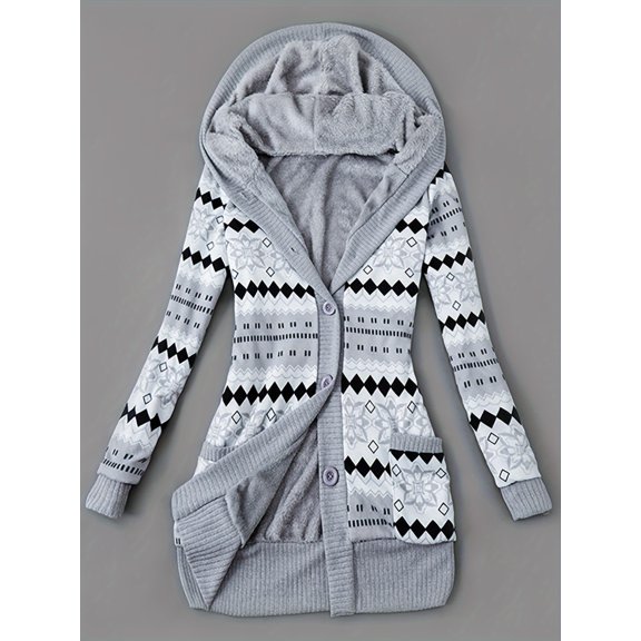 Womens Knitted Cardigan with Fleece Lining Long Sleeve Hooded Geometric Pattern Button Closure Cardigan