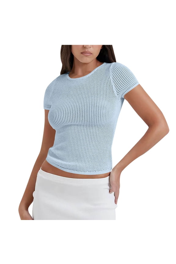 Womens Knitted Cotton Mesh Cropped Shirt Short Sleeve Breathable Translucent Crewneck Tops Summer Slim Fit Blouse Light Blue